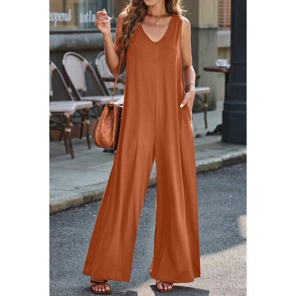 Beach Boho Maui - Full Size V-Neck Wide Strap Jumpsuit - Caramel - Picture 1 of 4